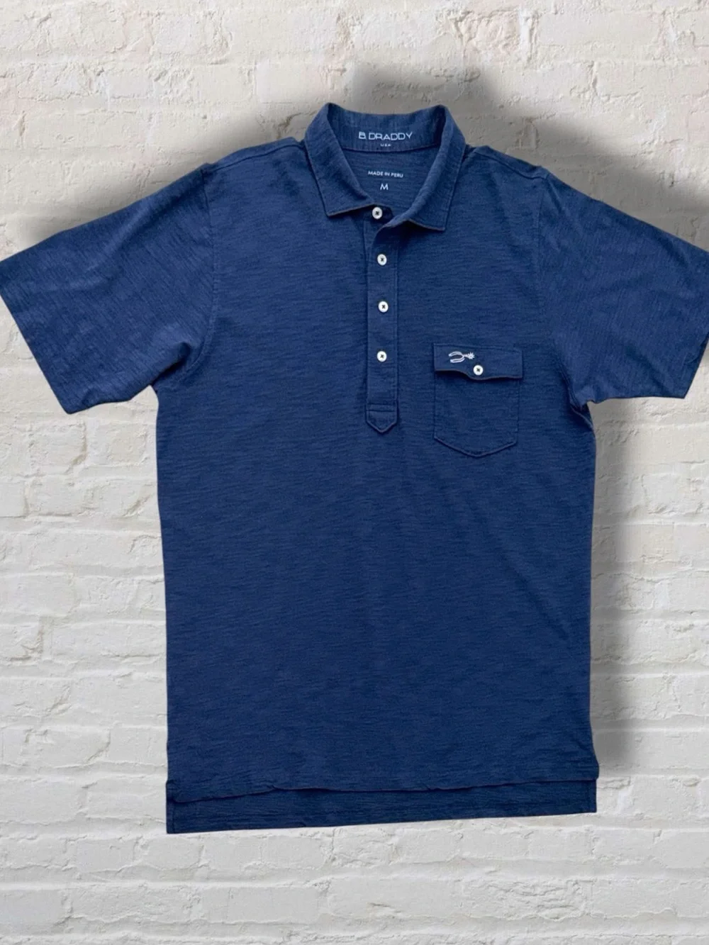 B.Draddy Men’s M Navy Slub Organic Pima Cotton Polo Shirt Chest Pocket Peru - Picture 7 of 10